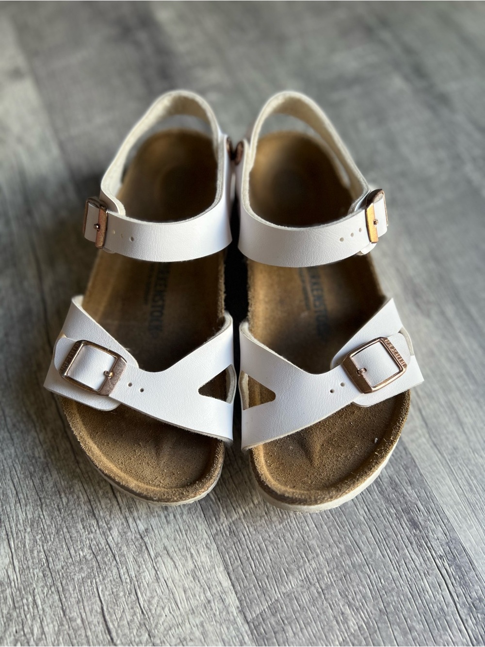 Birkenstock White Kids Sandals with Rose Gold Buckles